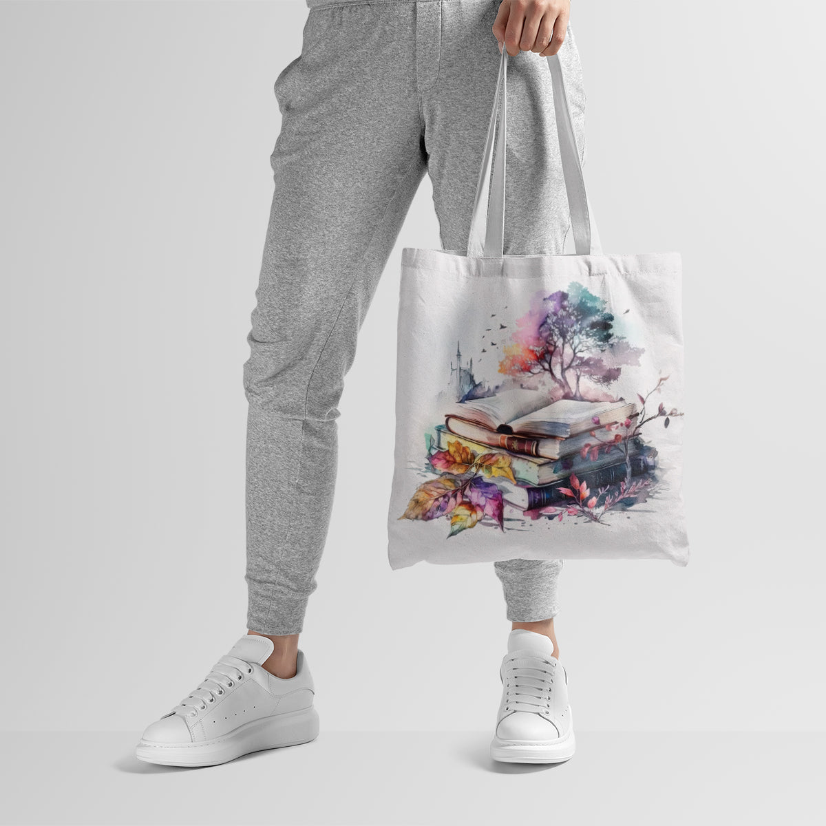 Nature Blooms Over Books Watercolor Tote Bag