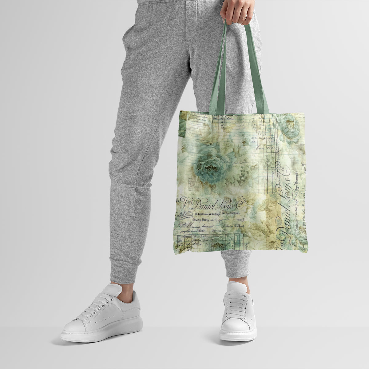 Antique Green Floral Script Collage Tote Bag