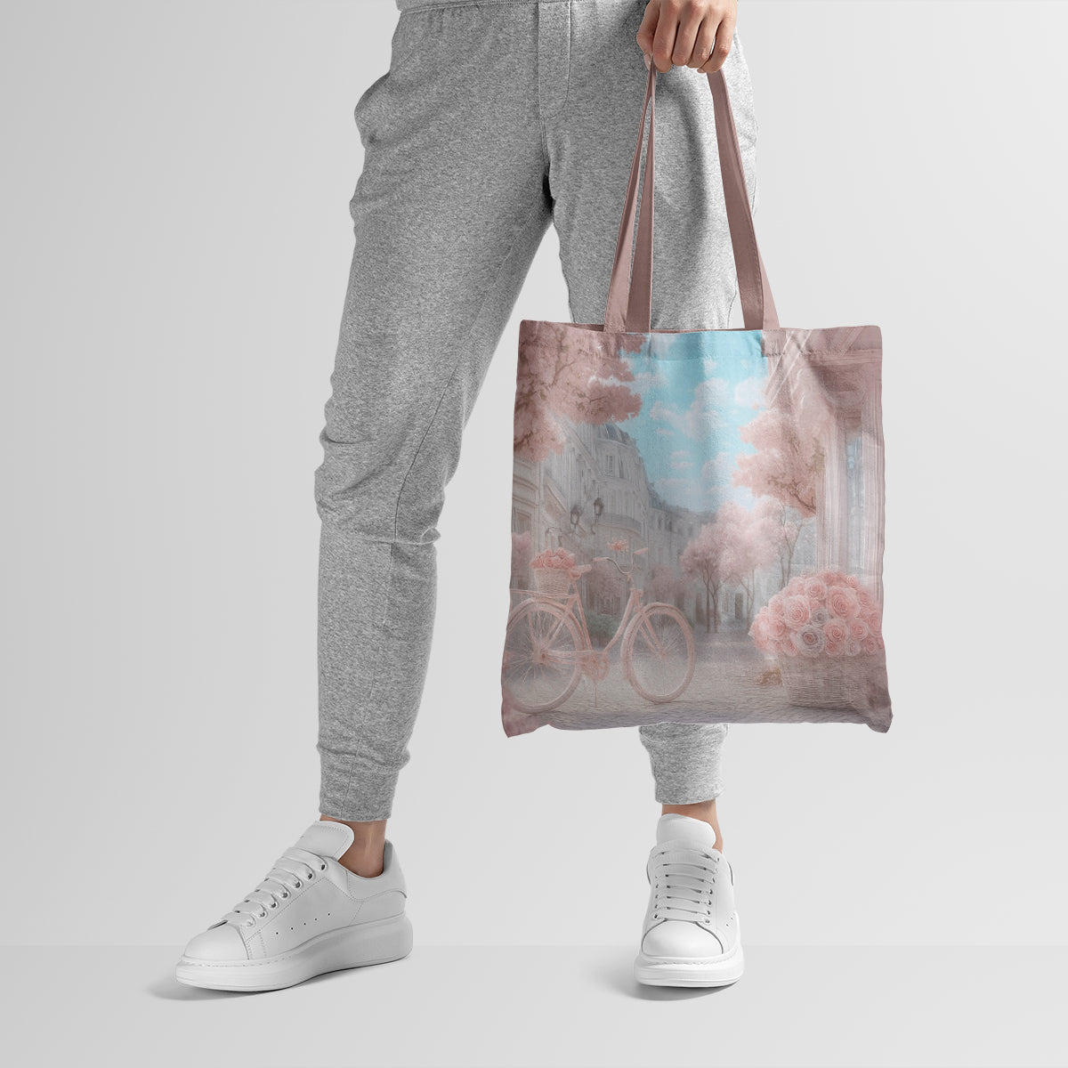 Dreamy Pastel Blossom Street Bicycle Tote Bag