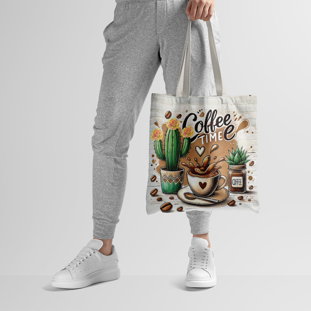 Coffee Time Cactus Splash Illustration Tote Bag