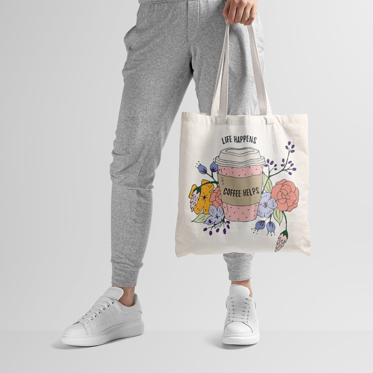 Life Happens Coffee Helps Floral Tote Bag
