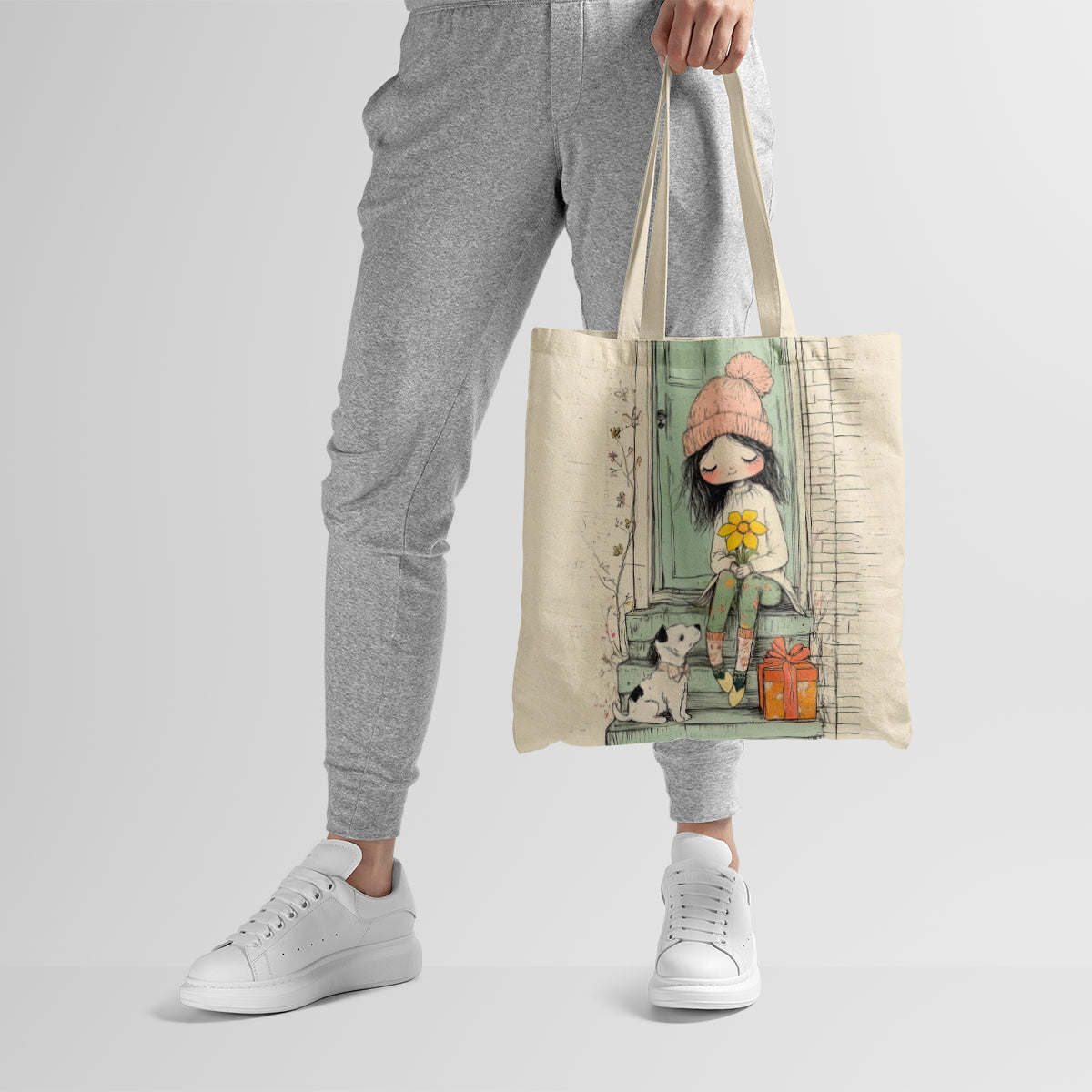Sunflower Steps Cute Girl & Puppy Tote Bag