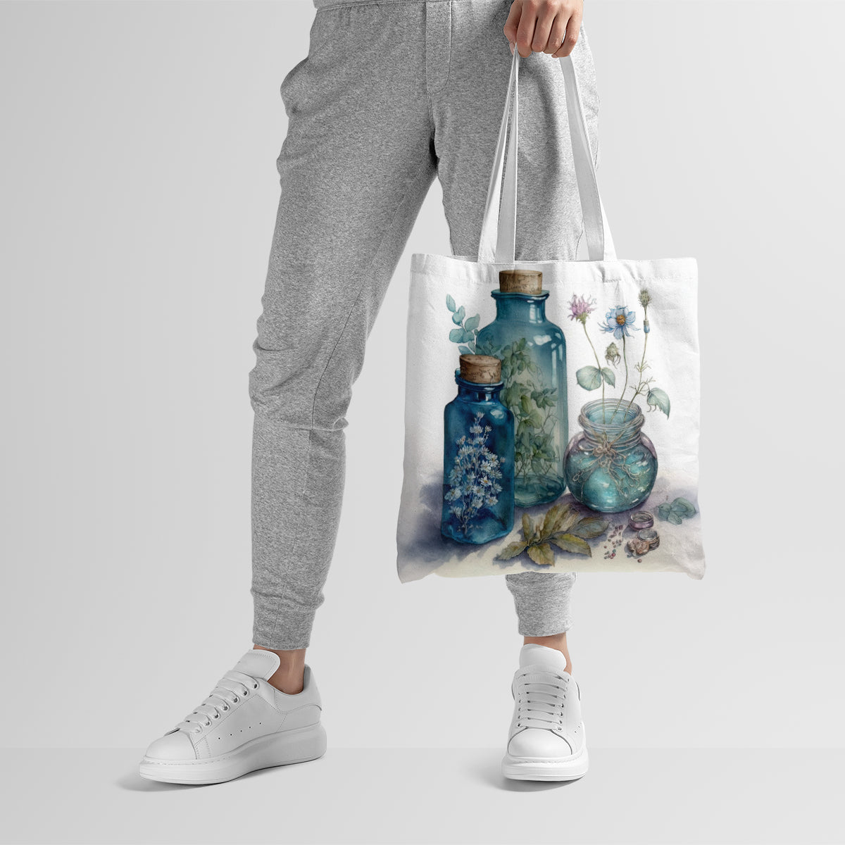Vintage Botanical Blue Jar Still-Life Tote Bag