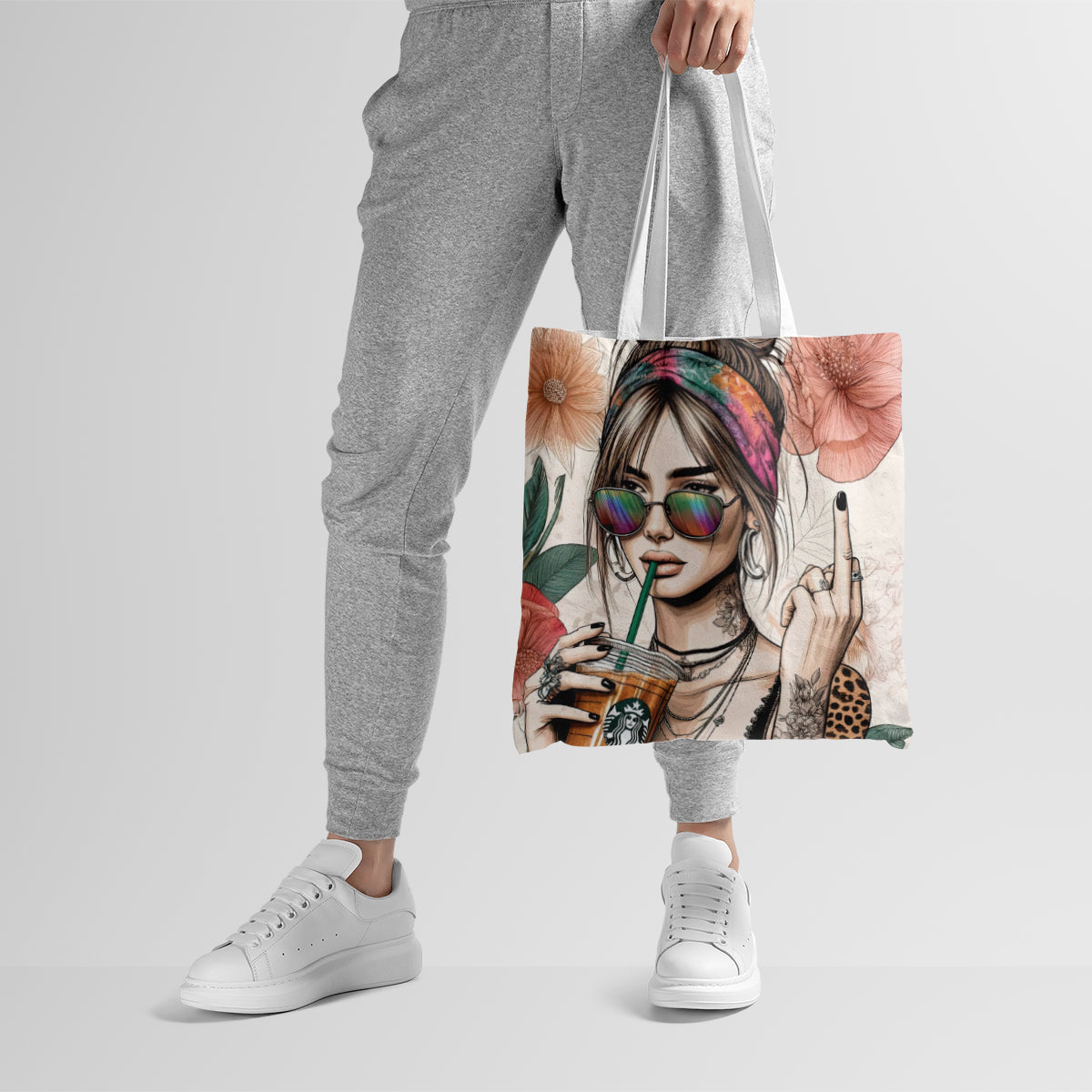 Floral Iced Coffee Girl Aesthetic Tote Bag