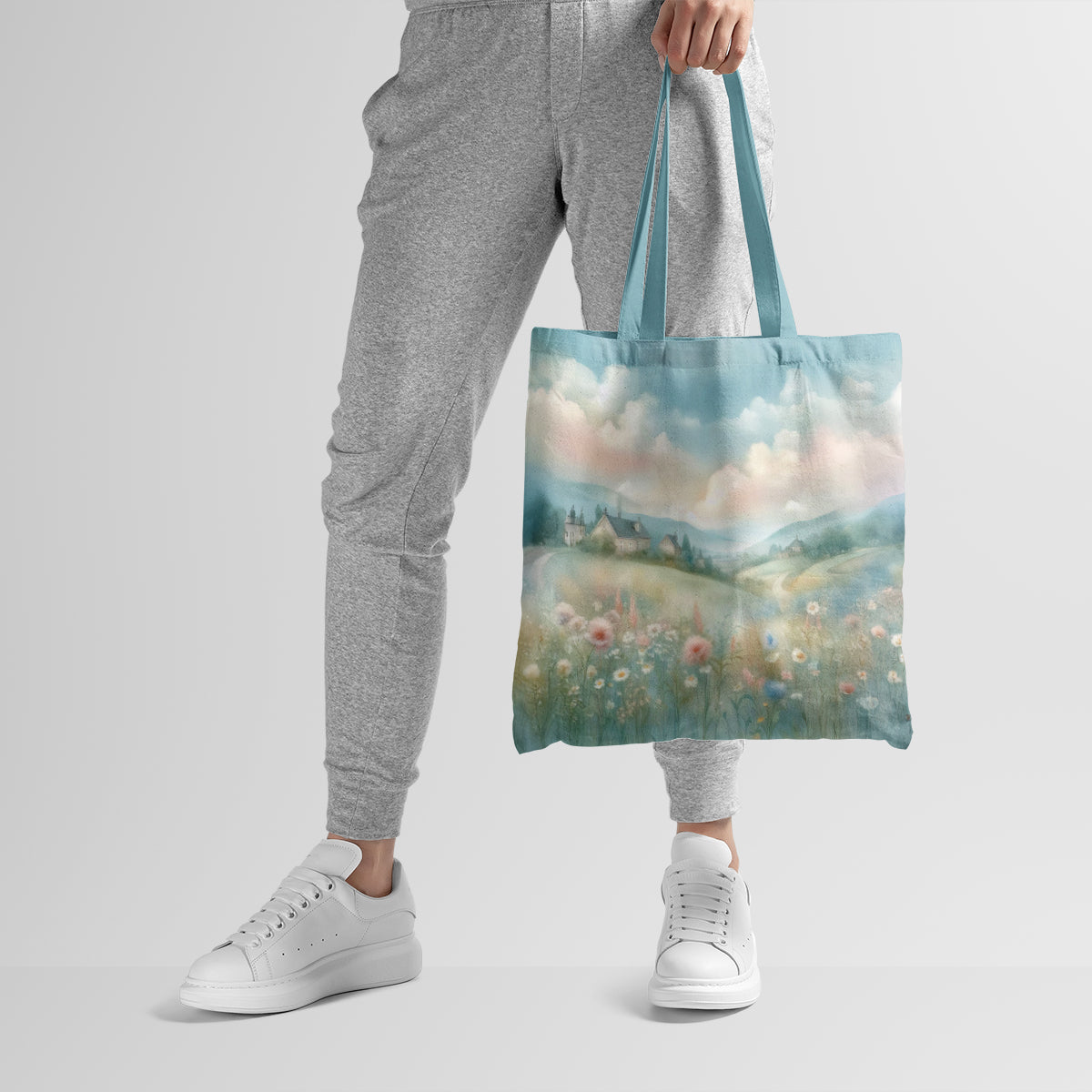 Blue Meadow Floral Pastel Landscape Tote Bag