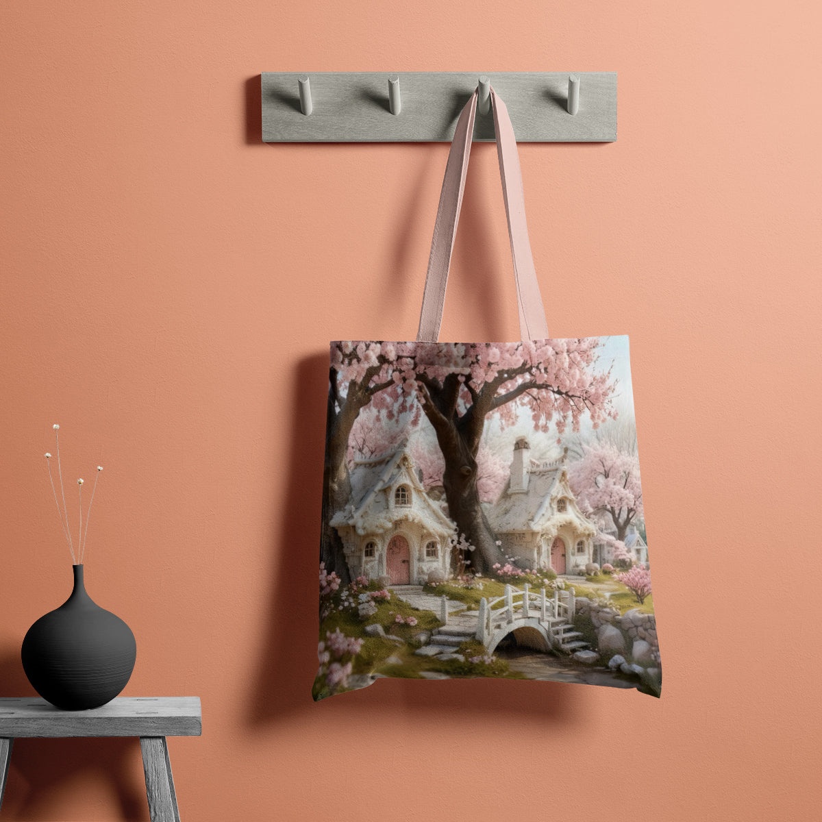 Fairytale Cherry Blossom Cottage Lane Tote Bag