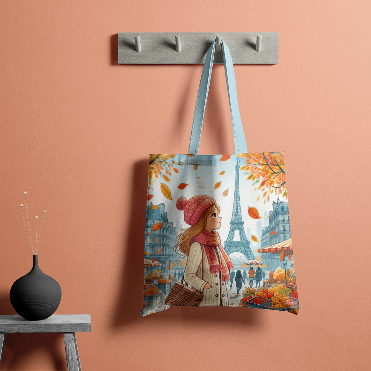 Autumn Paris Market Day Illustration Tote Bag