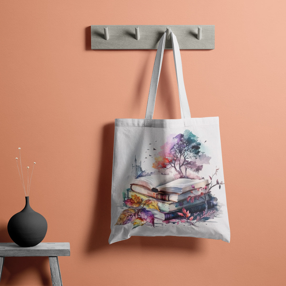 Nature Blooms Over Books Watercolor Tote Bag
