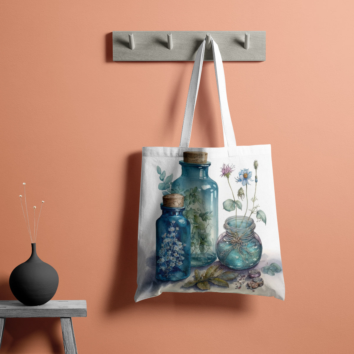 Vintage Botanical Blue Jar Still-Life Tote Bag
