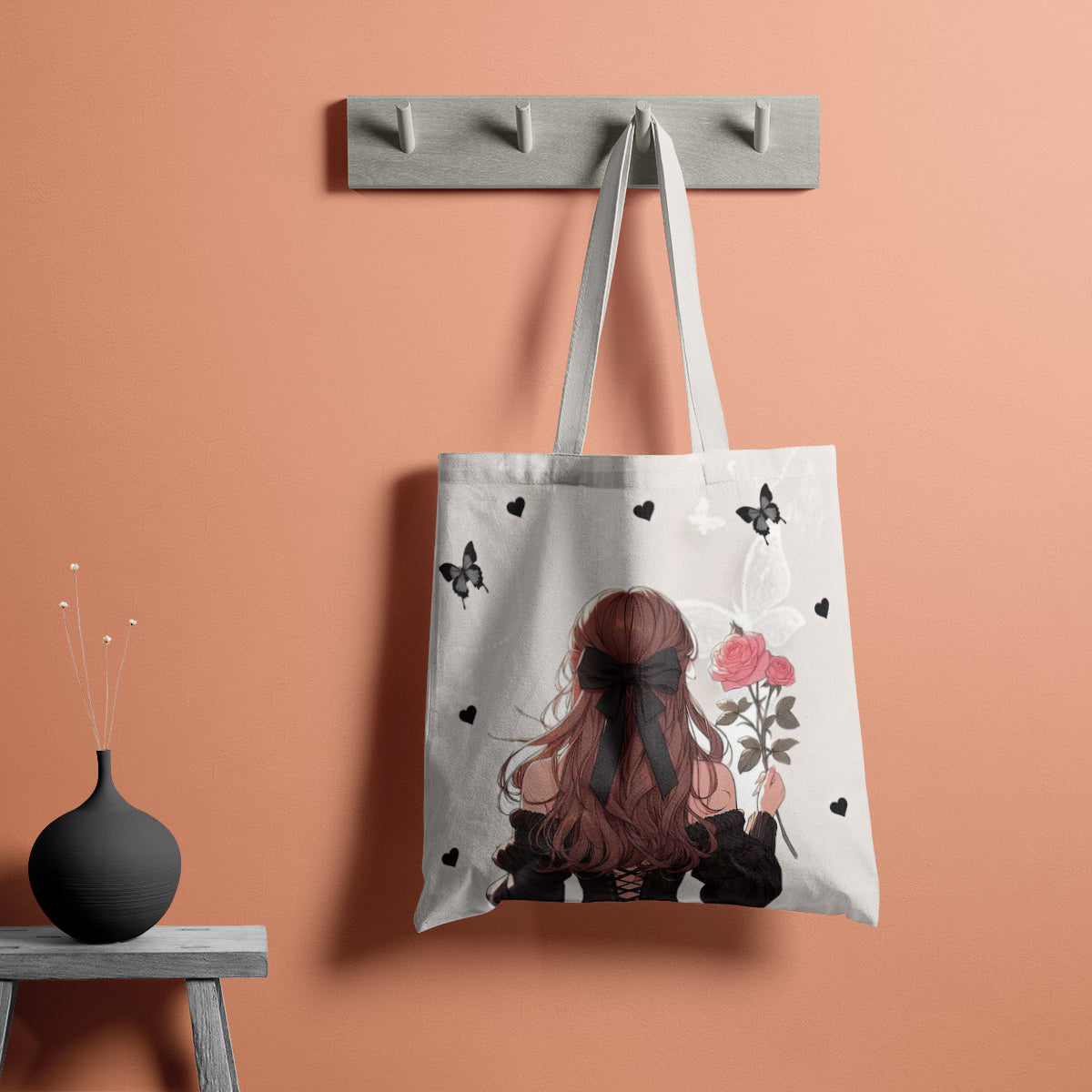 Romantic Rose & Butterfly Back-View Tote Bag