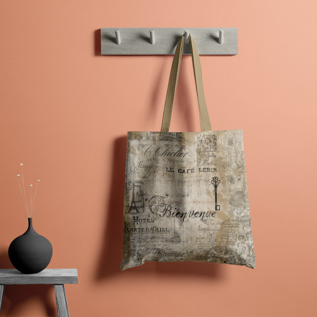 Parisian Antique Script Beige Texture Tote Bag