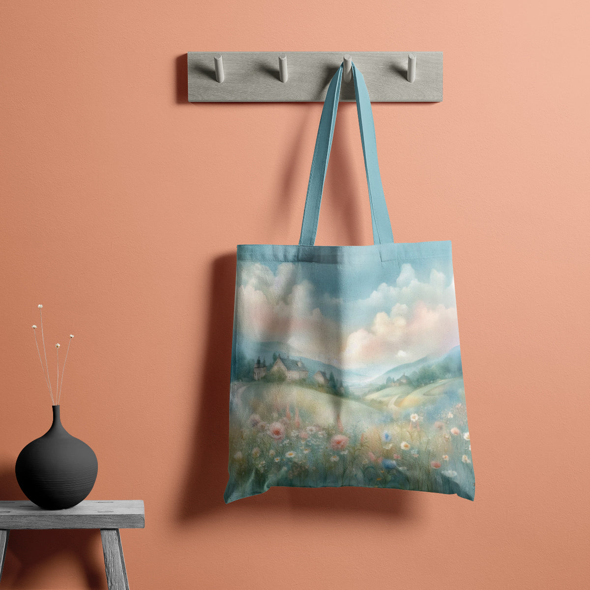 Blue Meadow Floral Pastel Landscape Tote Bag