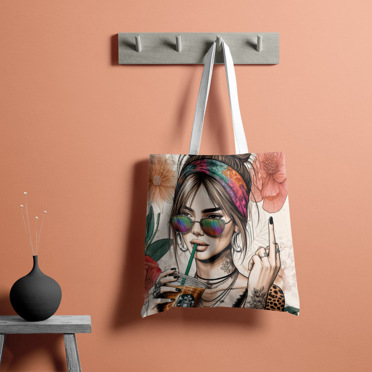 Floral Iced Coffee Girl Aesthetic Tote Bag