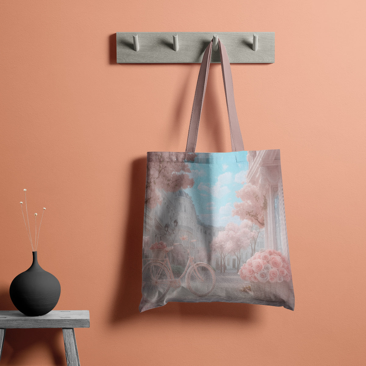 Dreamy Pastel Blossom Street Bicycle Tote Bag