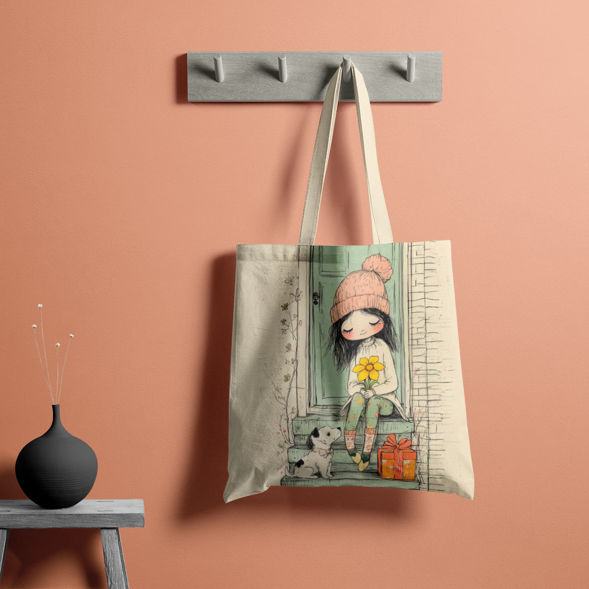Sunflower Steps Cute Girl & Puppy Tote Bag