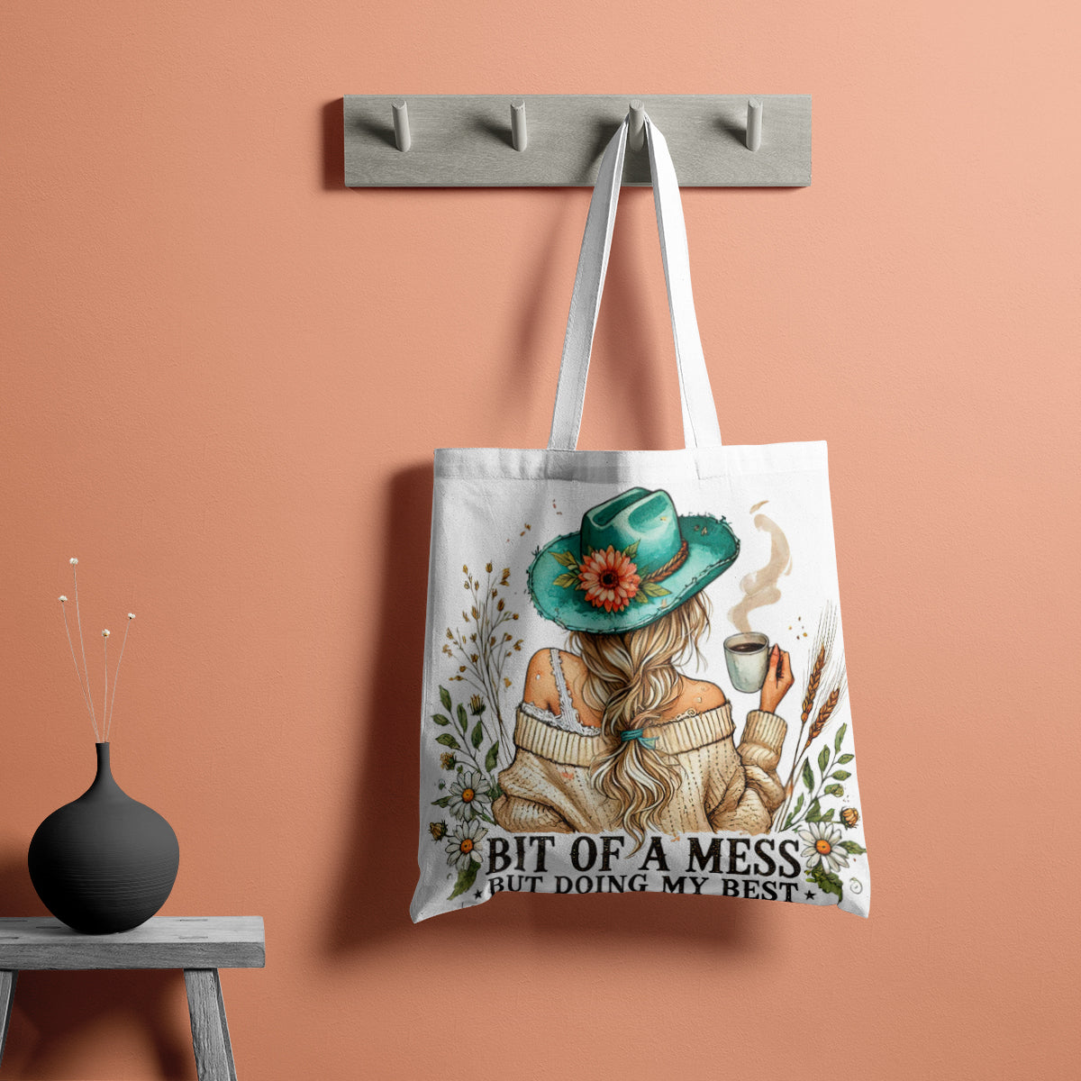 Floral Green-Hat Cozy Coffee Tote Bag