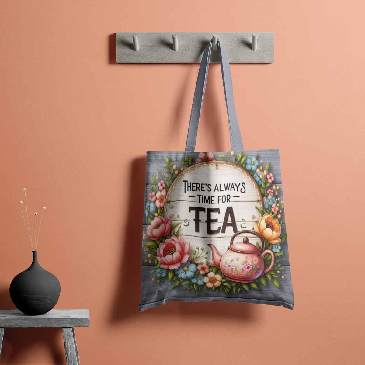 Always Time for Tea Floral Wreath Tote Bag