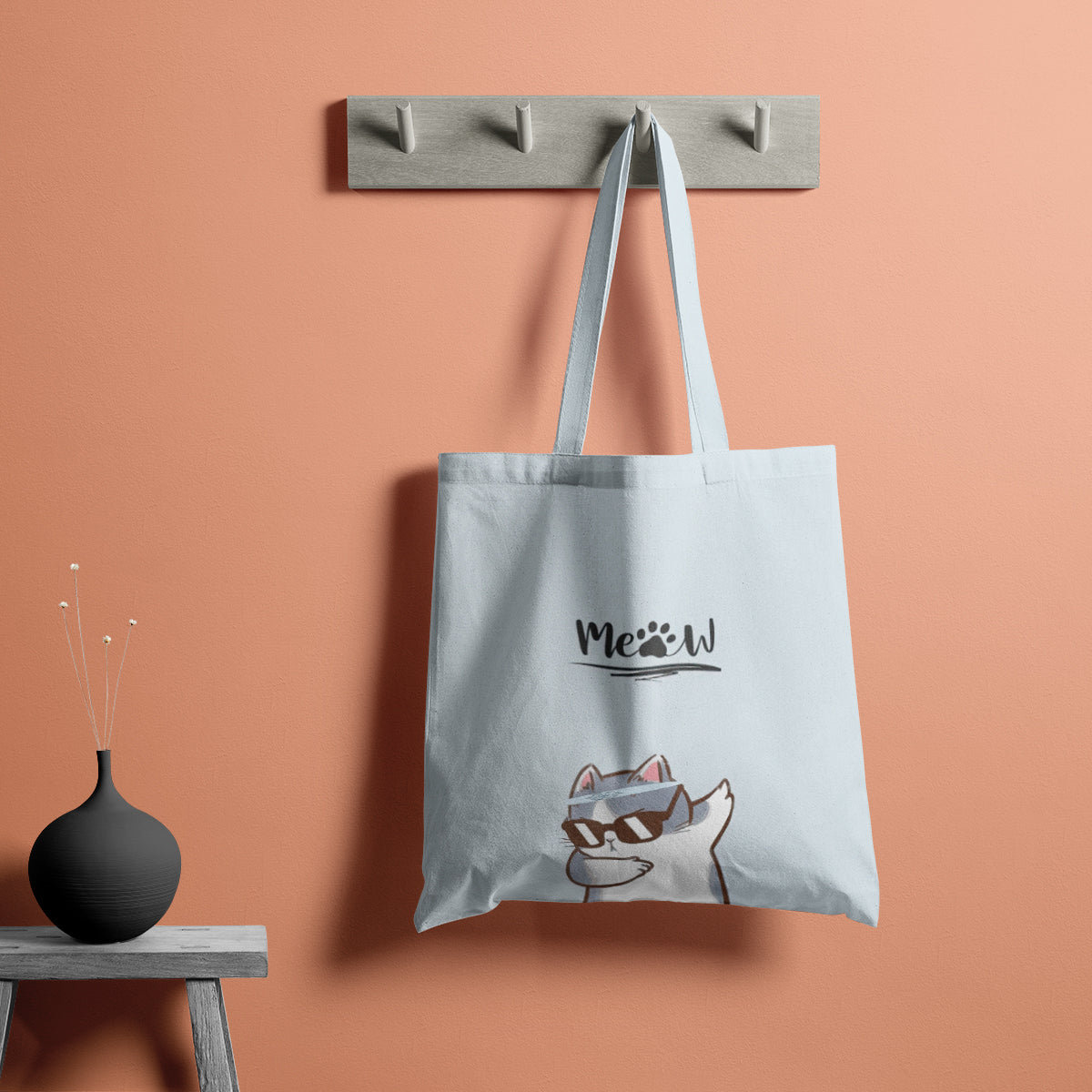 Minimal Cool Meow Cat Illustration Tote Bag