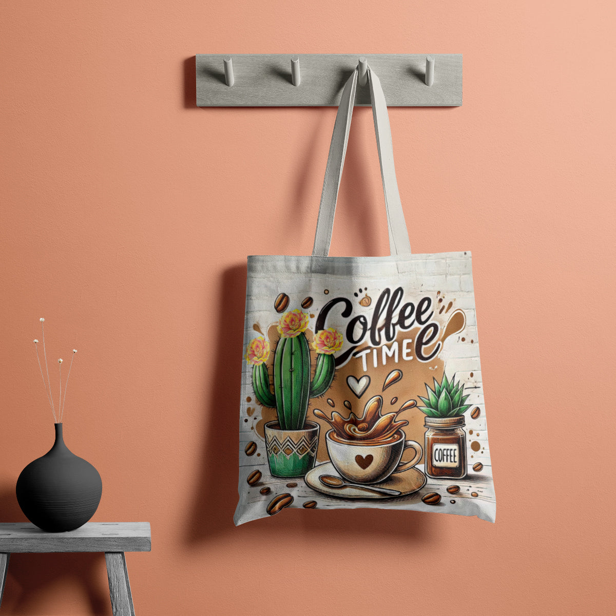 Coffee Time Cactus Splash Illustration Tote Bag