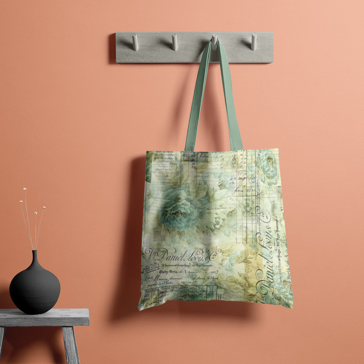 Antique Green Floral Script Collage Tote Bag
