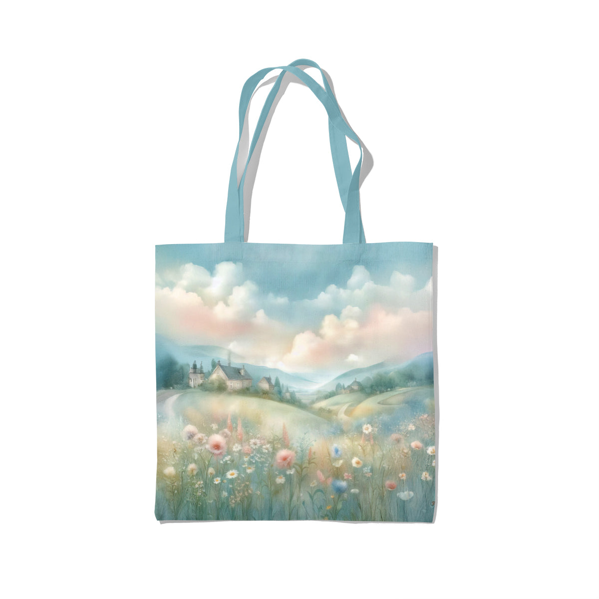 Blue Meadow Floral Pastel Landscape Tote Bag